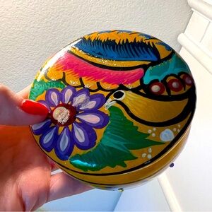 Terracotta ceramic handpainted lidded box trinket box with vibrant bird design
